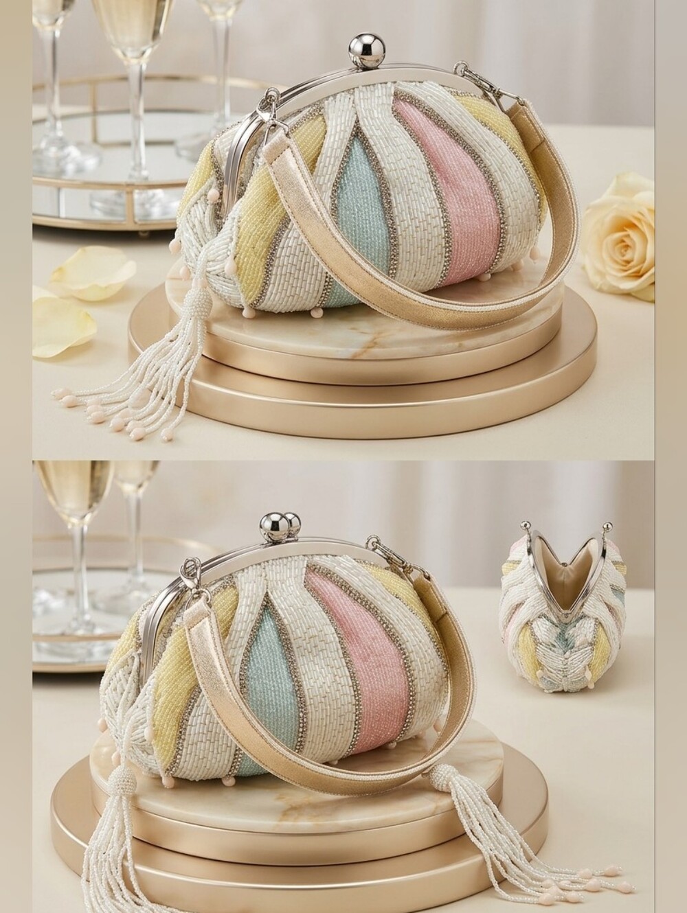 Boho Fringe Pastel Woven Dome Handbag - White, Cream & Pink